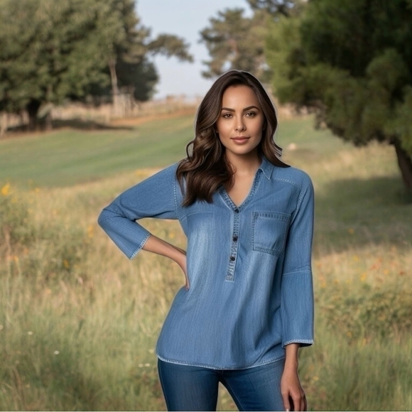 Women Shirt MASSINI Denim Mid Wash Jeans Top Long Sleeve Half Button Front Shirt - Picture 1 of 8
